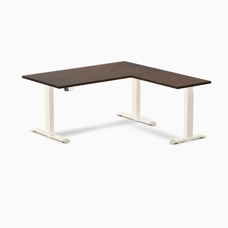 Desky Rubberwood L-Shape Sit Stand Desk 150 x 155 cm Dark Walnut Top and Wheat Leg