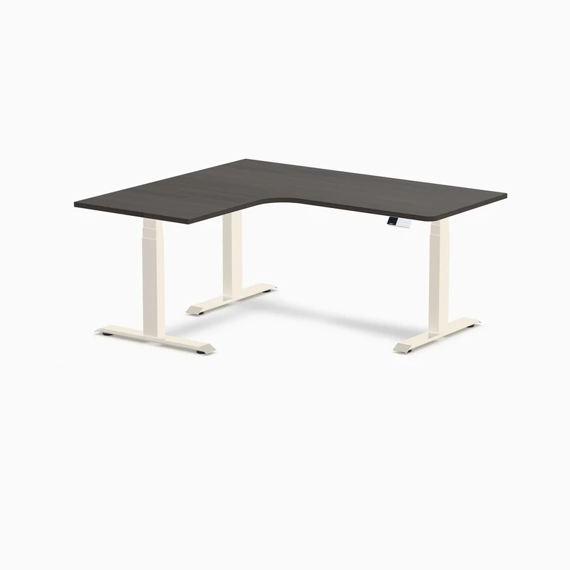 Desky L-Shape Melamine Sit Stand Desk 160cm - Left Return Burnished Wood Top and Wheat Leg