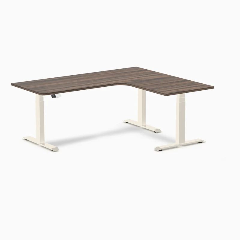 Desky L-Shape Melamine Sit Stand Desk 180cm - Right Return Jarrah Legno Top and Wheat Leg