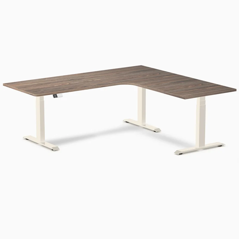 Desky L-Shape Melamine Sit Stand Desk 200cm - Right Return Natural Walnut Top and Wheat Leg