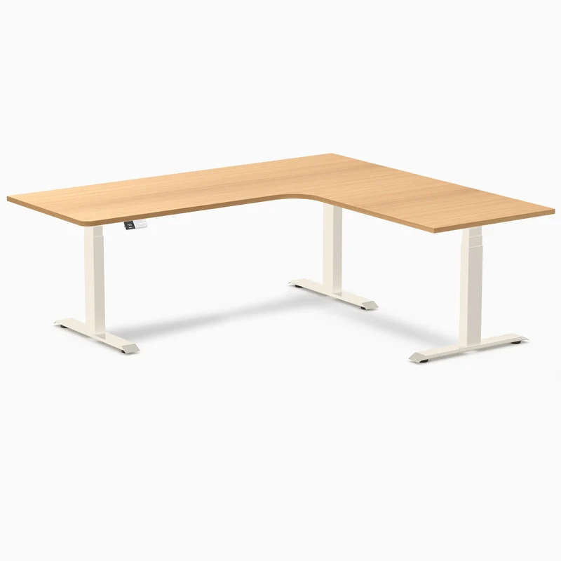 Desky L-Shape Melamine Sit Stand Desk 200cm - Right Return Select Beech Top and Wheat Leg