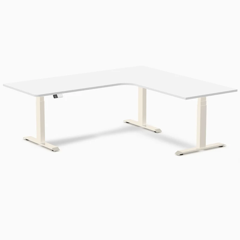 Desky L-Shape Melamine Sit Stand Desk 200cm - Right Return White Top and Wheat Leg
