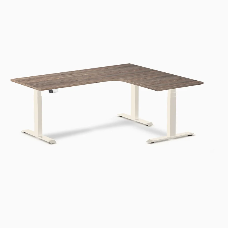 Desky L-Shape Melamine Sit Stand Desk 180cm - Right Return Natural Walnut Top and Wheat Leg