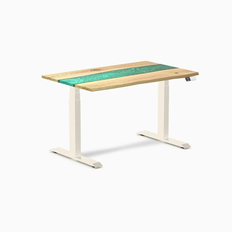 Desky Dual Resin Hardwood Sit Stand Desk 120cm White Ash Emerald River Desktop and Wheat Frame