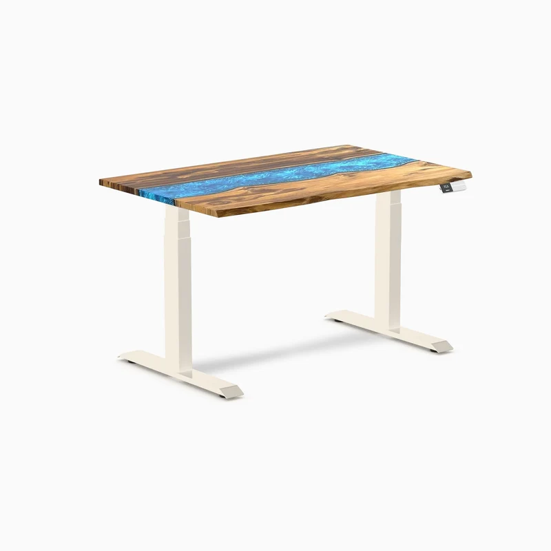 Desky Dual Resin Hardwood Sit Stand Desk 120cm Teak Blue River Desktop and Wheat Frame