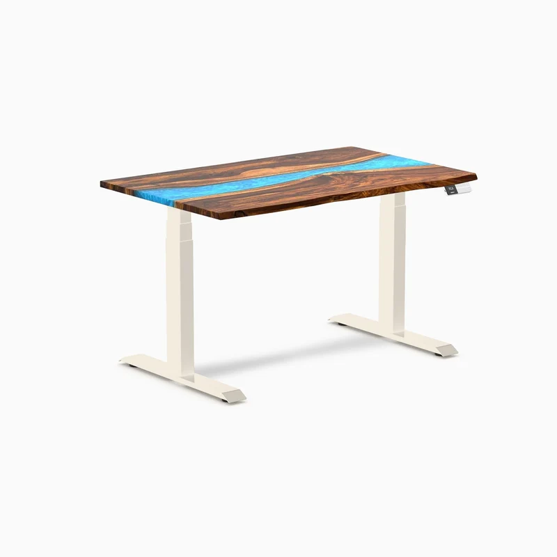 Desky Dual Resin Hardwood Sit Stand Desk 120cm Pheasantwood Blue River Desktop and Wheat Frame