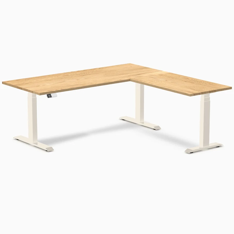 Desky Hardwood L-Shape Sit Stand Desk 180 x 175 cm White Oak / Wheat Top and Wheat Leg