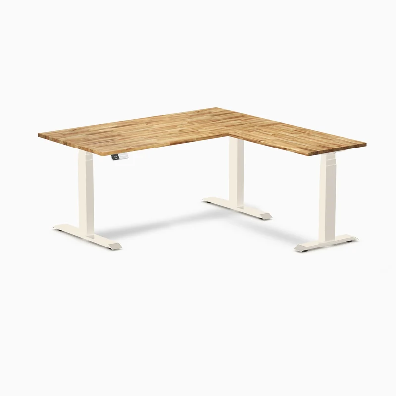 Desky Hardwood L-Shape Sit Stand Desk 150 x 155 cm Acacia / Wheat Top and Wheat Leg