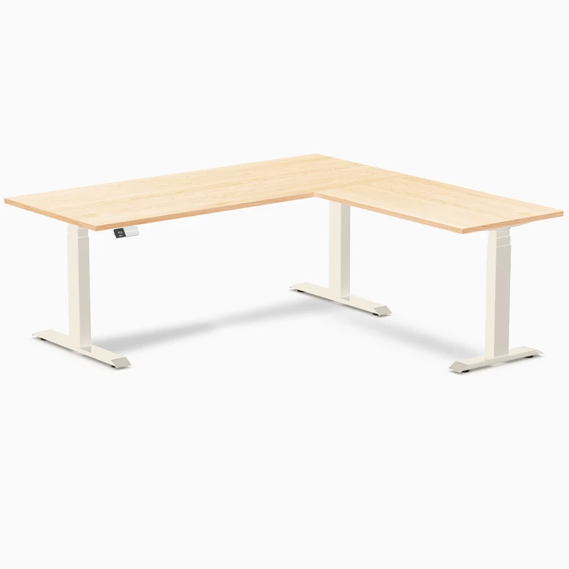 Desky Hardwood L-Shape Sit Stand Desk 180 x 175 cm Maple / Wheat Top and Wheat Leg