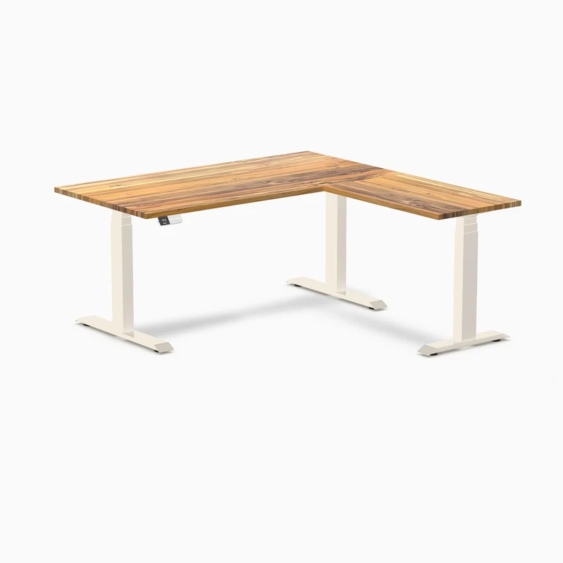 Desky Hardwood L-Shape Sit Stand Desk 150 x 155 cm Teak / Wheat Top and Wheat Leg