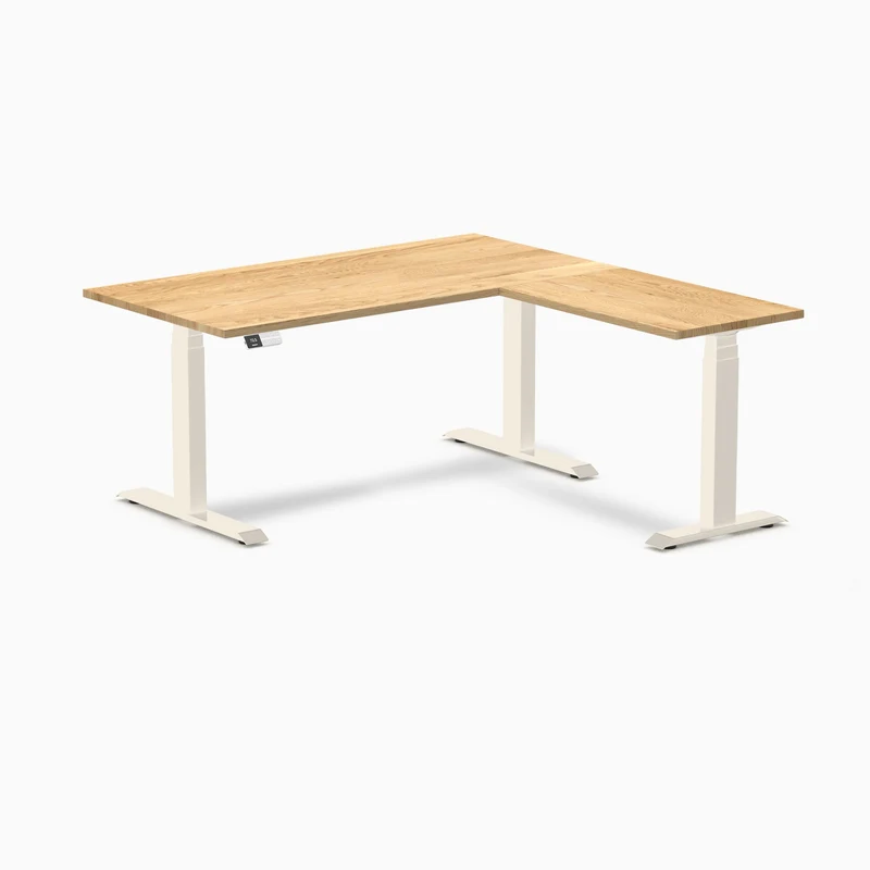 Desky Hardwood L-Shape Sit Stand Desk 150 x 155 cm White Oak / Wheat Top and Wheat Leg