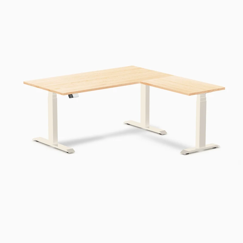 Desky Hardwood L-Shape Sit Stand Desk 150 x 155 cm Maple / Wheat Top and Wheat Leg