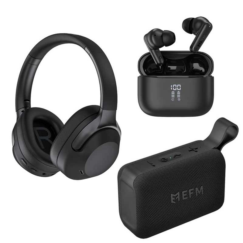 EFM Essential Audio Bundle Trio with Bluetooth Speaker, Headphones and TWS Earbuds (Black)