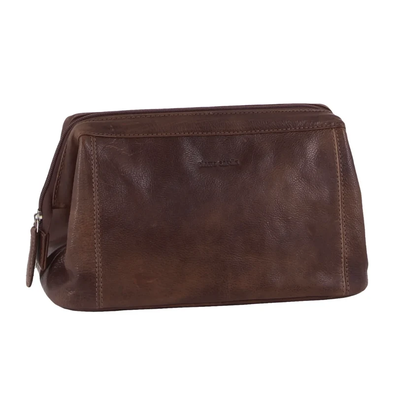 Pierre Cardin Mens Rustic Leather Toiletry Case Bag Travel - Chocolate