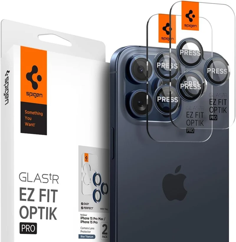 SPIGEN EZ Fit Optik Pro 2PCS Glass Camera Lens Protector for iPhone 17 Pro/Max/16 Pro/Max/15 Pro/Max/14 Pro/Max (Blue Titanium)