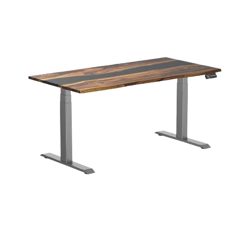 Desky Dual Resin Hardwood Sit Stand Desk 150cm Pheasantwood Blue River Desktop and Space Grey Frame