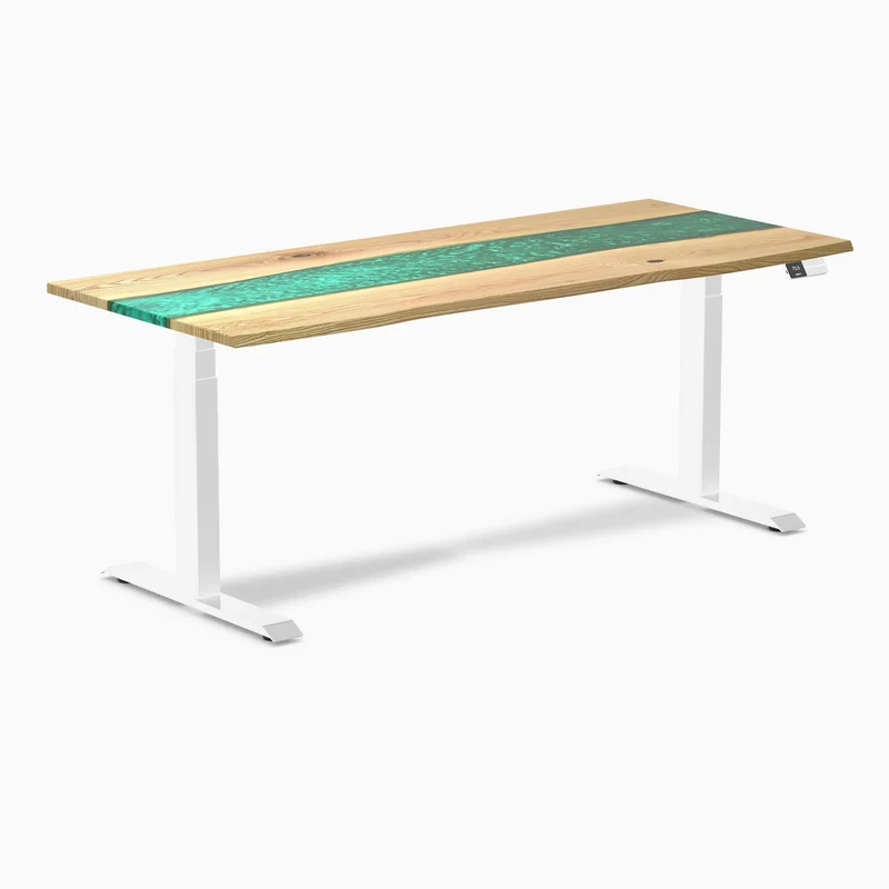 Desky Dual Resin Hardwood Sit Stand Desk 180cm White Ash Emerald River Desktop and White Frame