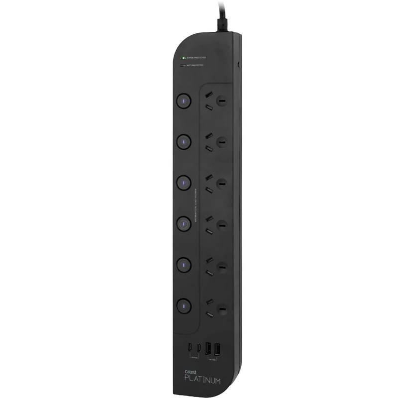 Crest Platinum 6 Socket Switched Power Board USB PD 65W Equipment Protector