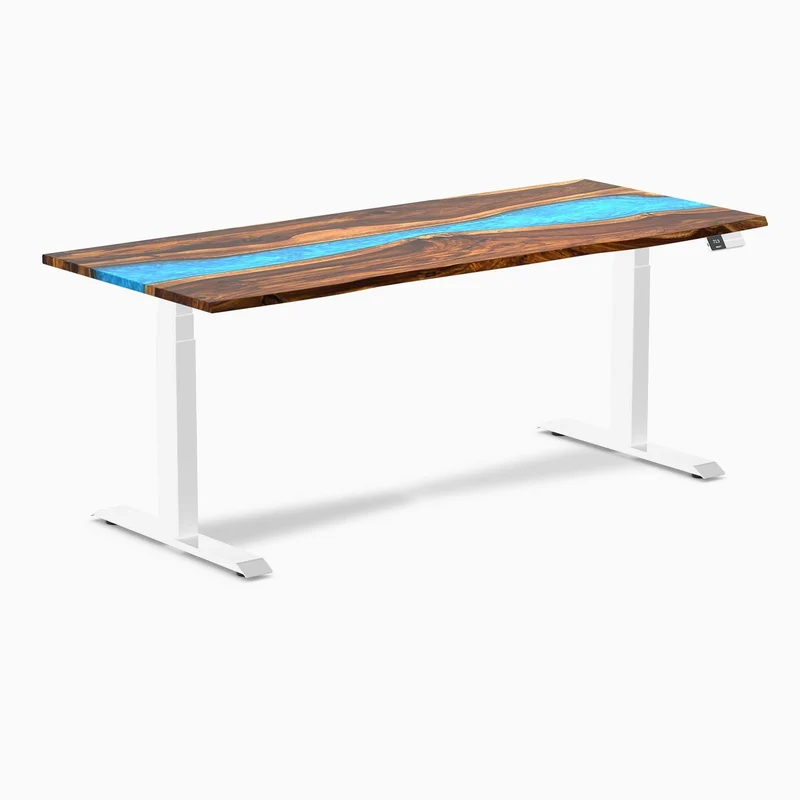 Desky Dual Resin Hardwood Sit Stand Desk 180cm Pheasantwood Blue River Desktop and White Frame