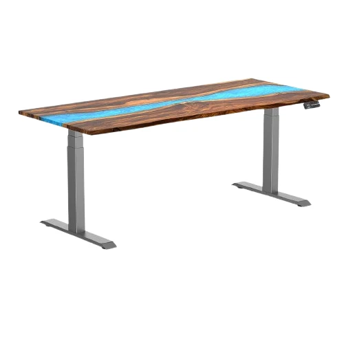 Desky Dual Resin Hardwood Sit Stand Desk 180cm Pheasantwood Blue River Desktop and Space Grey Frame